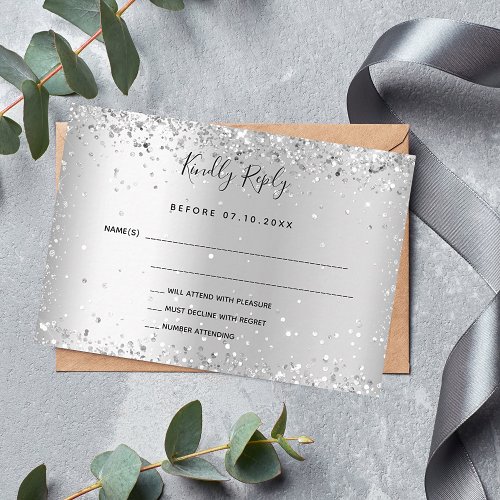 Silver glitter sparkles wedding RSVP Note Card