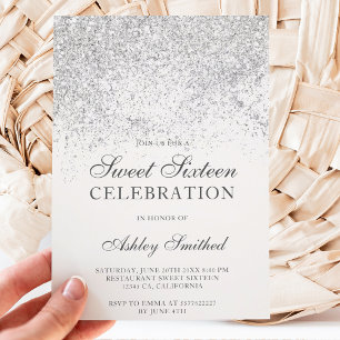 Silver glitter sparkles white chic sweet sixteen invitation