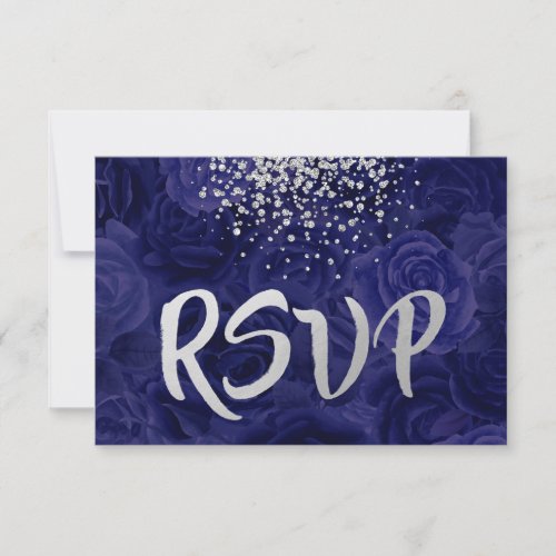 Silver Glitter Splash on Royal Blue Roses RSVP Card