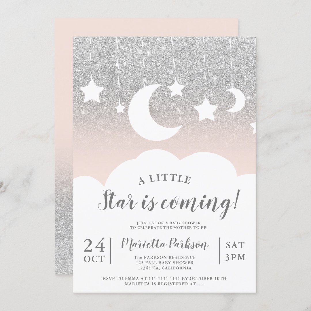 Silver glitter star moon cloud baby shower invitation | Zazzle