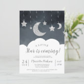 Silver glitter star moon cloud gray baby shower invitation (Standing Front)