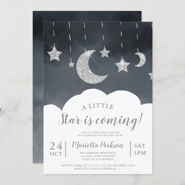 Silver glitter star moon cloud gray baby shower invitation (Front/Back)