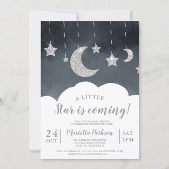 Silver glitter star moon cloud gray baby shower invitation | Zazzle