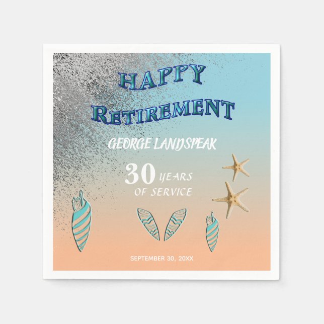 Silver Glitter Starfish Seashells Happy Retirement Napkins (Front)