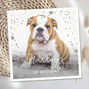 Silver Glitter Stars Custom Photo Pet Dog Birthday Napkins