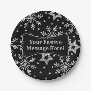Silver Glitter Stars & Snowflakes Paper Plates