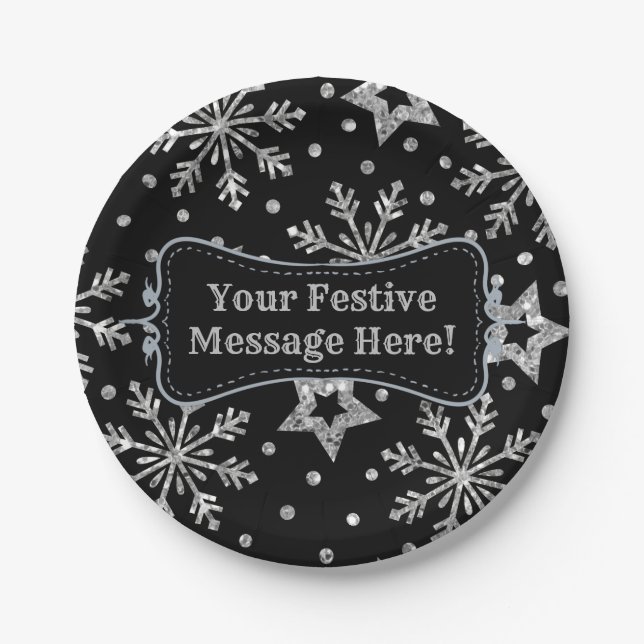 Silver Glitter Stars & Snowflakes Paper Plates (Front)