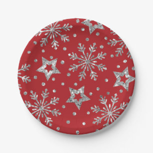 Silver Glitter Stars & Snowflakes Paper Plates