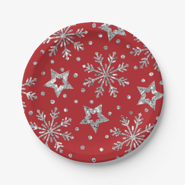 Silver Glitter Stars & Snowflakes Paper Plates (Front)