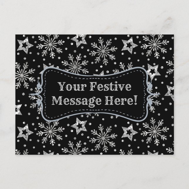 Silver Glitter Stars & Snowflakes Postcard (Front)
