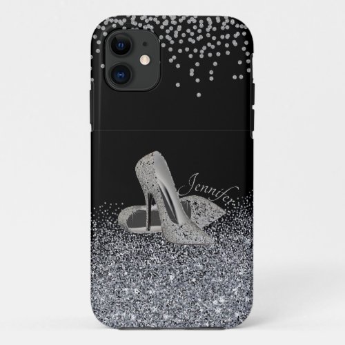 Silver Glitter Stilettos  Silver Diamonds iPhone 11 Case