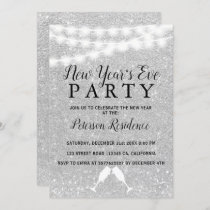 Silver glitter string lights New Year's eve party Invitation