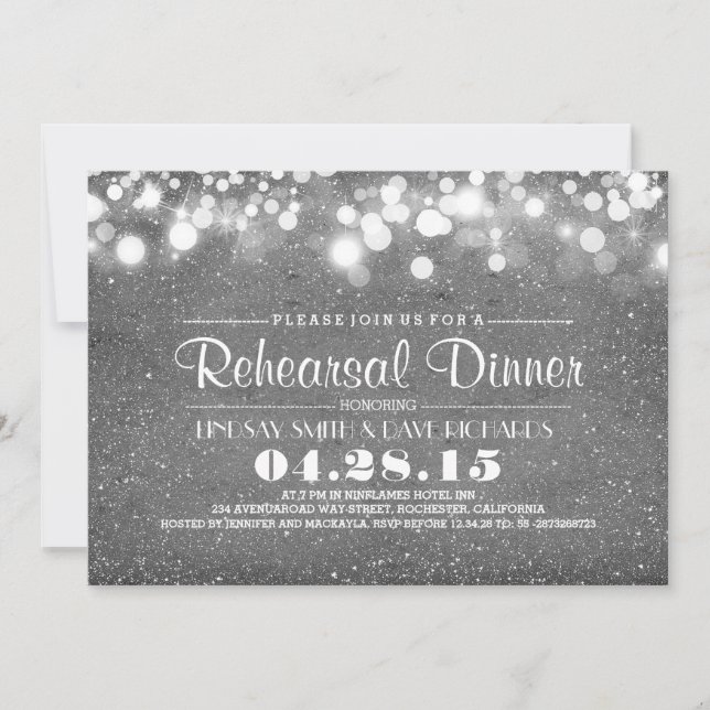 Silver glitter & string lights rehearsal dinner invitation (Front)