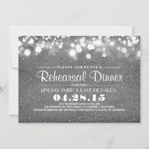 Silver glitter  string lights rehearsal dinner invitation