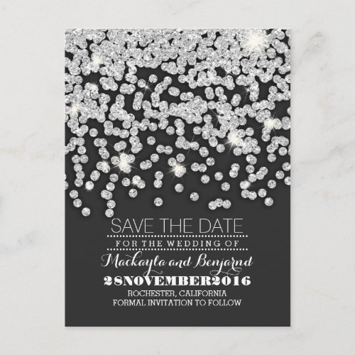 Silver glitter string of lights save the date announcement postcard