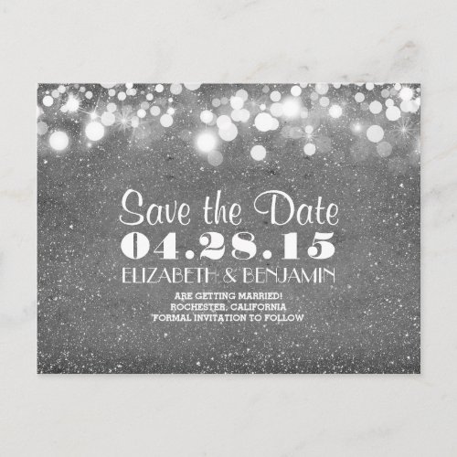 silver glitter string of lights save the date announcement postcard