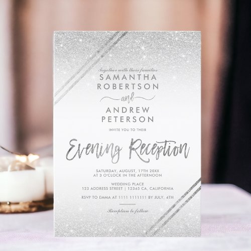 Silver glitter stripes elegant script wedding invitation