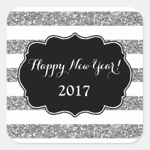 Silver Glitter Stripes Happy New Year 2017 Square Sticker