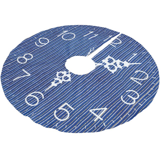 Silver Glitter Stripes On Blue Clock Brushed Polyester Tree Skirt (Angled)