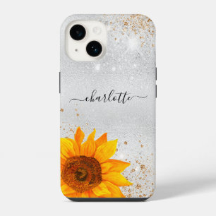 Silver glitter sunflower name iPhone 14 case