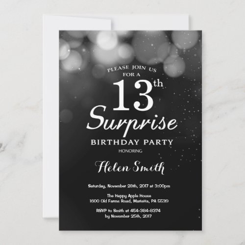 Silver Glitter Surprise 13th Birthday Invitation