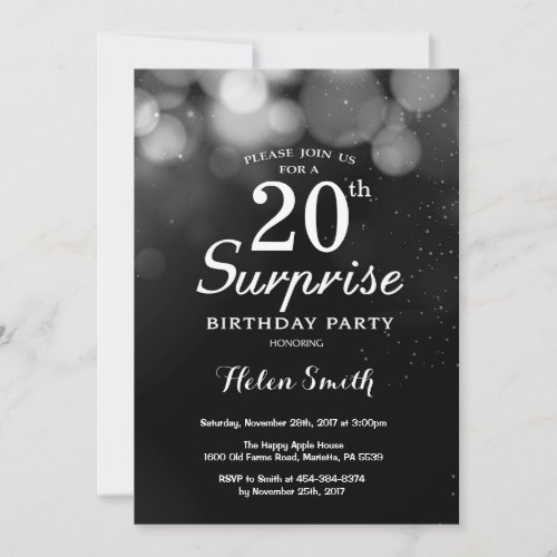 Silver Glitter Surprise 20th Birthday Invitation