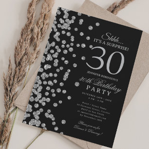Silver Glitter Surprise 30th Birthday Black Invitation