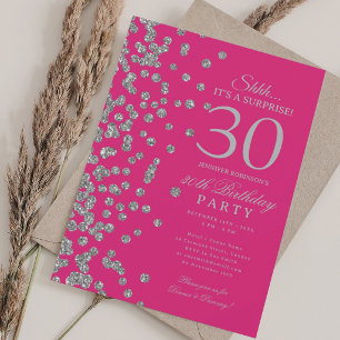 Silver Glitter Surprise 30th Birthday Hot Pink Invitation