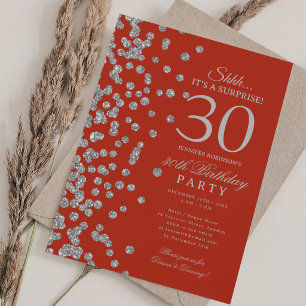 Silver Glitter Surprise 30th Birthday Party Red Invitation