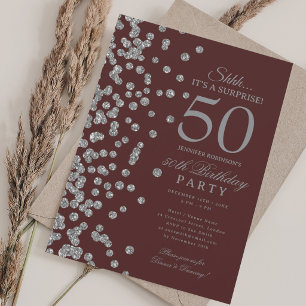 Silver Glitter Surprise 50th Birthday Burgundy Invitation