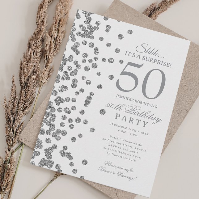  Silver Glitter Surprise 50th Birthday Party Invitation (Silver Glitter Surprise 50th Birthday Party Invitation)