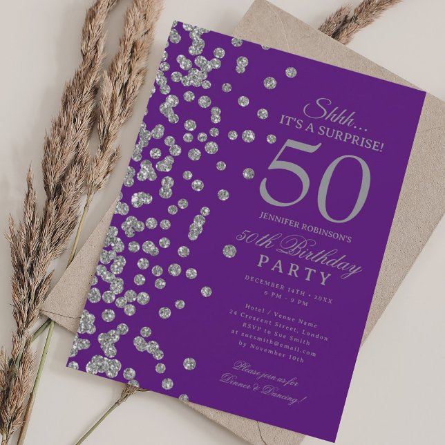  Silver Glitter Surprise 50th Birthday Purple  Invitation (Silver Glitter Surprise 50th Birthday Purple Invitation)