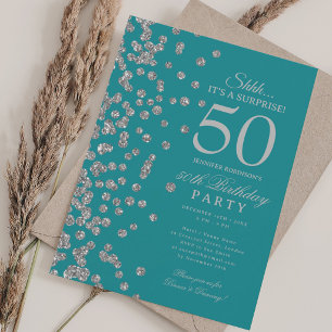 Silver Glitter Surprise 50th Birthday Turquoise Invitation