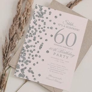 Silver Glitter Surprise 60th Birthday Blush Pink Invitation