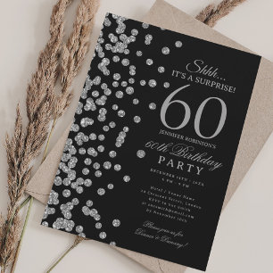 Silver Glitter Surprise 60th Birthday Party Black  Invitation