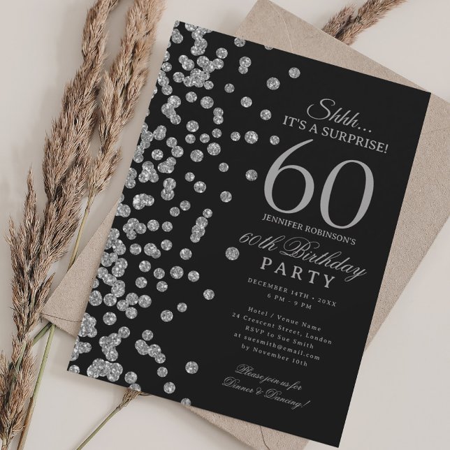Silver Glitter Surprise 60th Birthday Party Black  Invitation (Silver Glitter Surprise 60th Birthday Party Black Invitation)