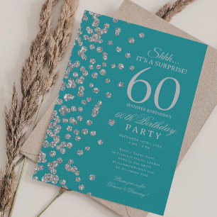 Silver Glitter Surprise 60th Birthday Teal Invitation