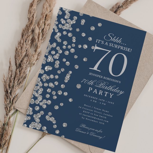  Silver Glitter Surprise 70th Birthday Navy Blue  Invitation (Silver Glitter Surprise 70th Birthday Navy Blue Invitation)