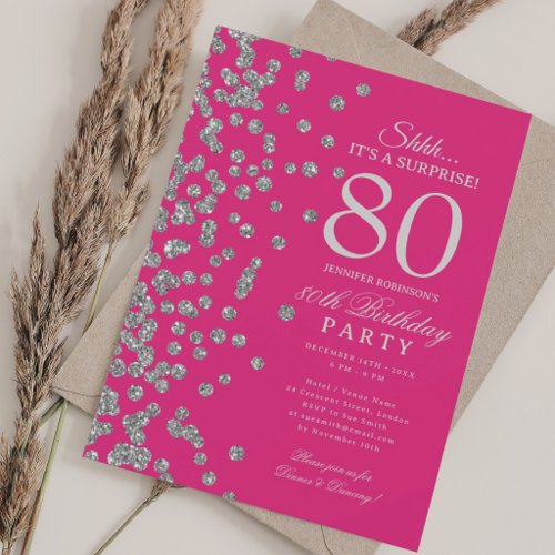 Silver Glitter Surprise 80th Birthday Hot Pink Invitation
