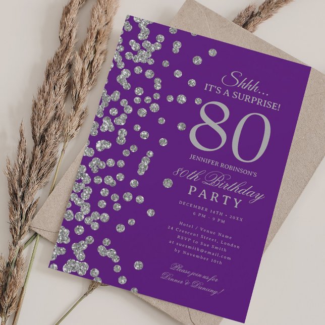  Silver Glitter Surprise 80th Birthday Purple  Invitation (Creator Uploaded)