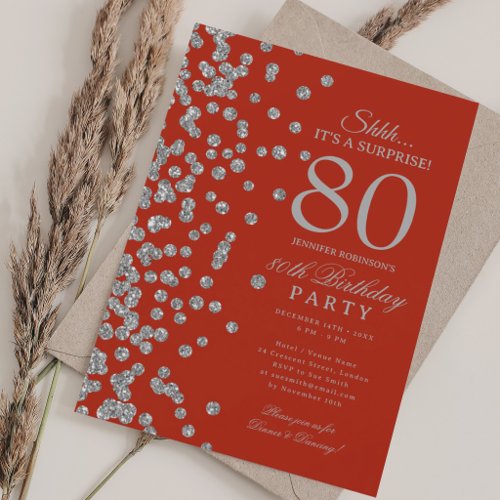 Silver Glitter Surprise 80th Birthday Red  Invitation