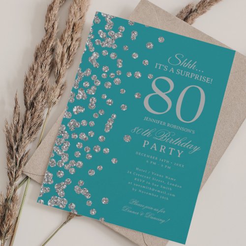 Silver Glitter Surprise 80th Birthday Turquoise  Invitation