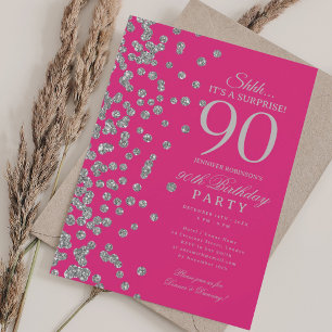 Silver Glitter Surprise 90th Birthday Hot Pink Invitation