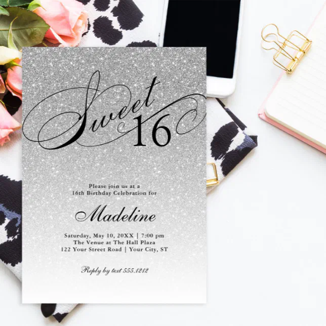Silver Glitter Sweet 16 Fancy Script Invitation | Zazzle