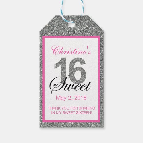 Silver Glitter Sweet 16 Party Favor  Gift Tags