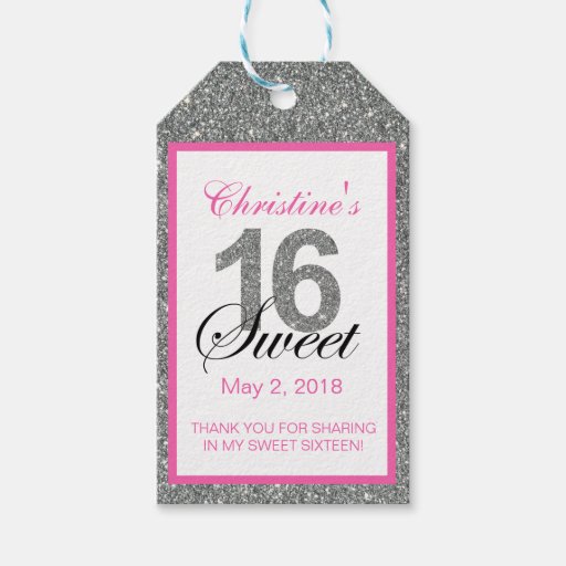 Silver Glitter Sweet 16 Party Favor | Gift Tags | Zazzle