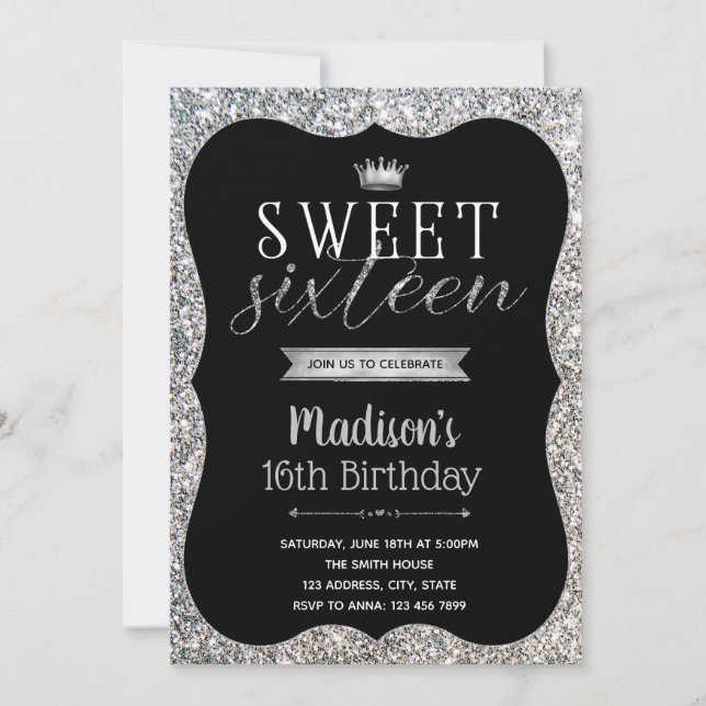 Silver Glitter Sweet 16 party invitation (Front)