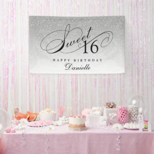 Silver Glitter Sweet 16 Personalized Birthday Banner