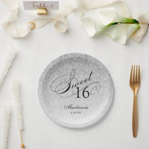 Silver Glitter Sweet 16 Personalized Paper Plates