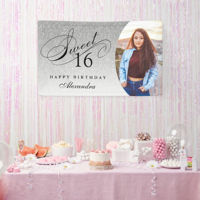 Silver Glitter Sweet 16 Personalized Photo Banner (Party)